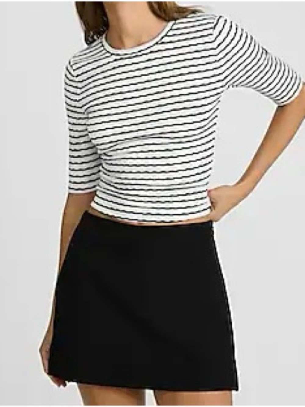 Express NWT Jacquard Striped Crew Neck Elbow Sleeve Fitted Cropped Tee XL
